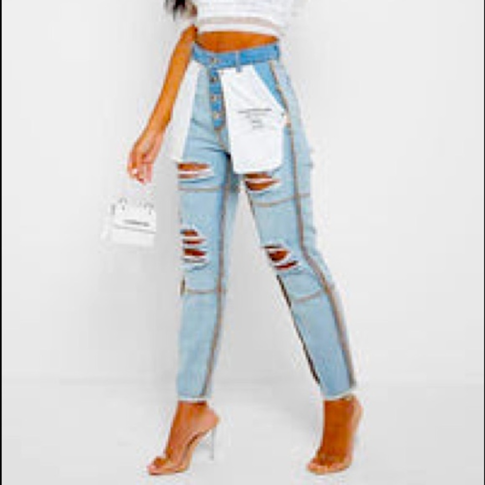 Inside out denim jeans with distressing - light blue wash
